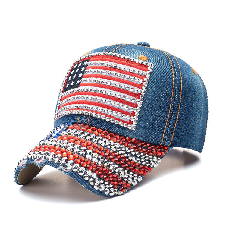Wholesale Cotton American Flag Denim Diamond Baseball Cap